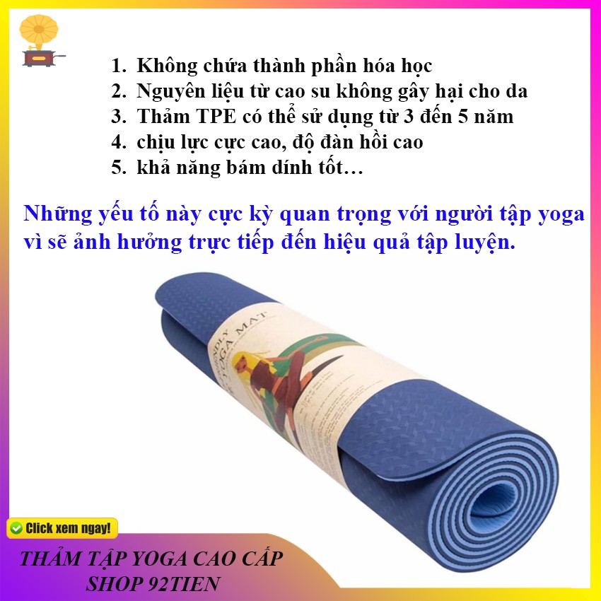 Thảm tập YOGA, GYM 8mm,6mm Chống trượt tập thể dục tpe 2 lớp không mùi, tặng túi xách