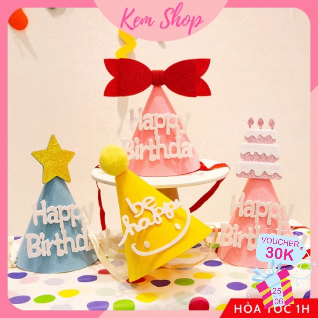 Mũ sinh nhật Hàn Quốc, mũ Happy Birthday vải dạ 3D nhiều mẫu dễ thương - Kem Shop K28