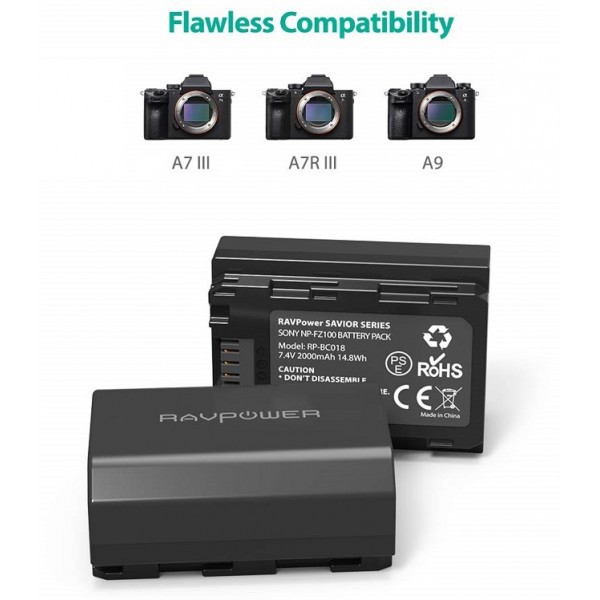 Bộ 2 Pin + Sạc đôi RAVPower FZ-100 cho Sony A7 III, A7R III, A7R IV, A9, A6600