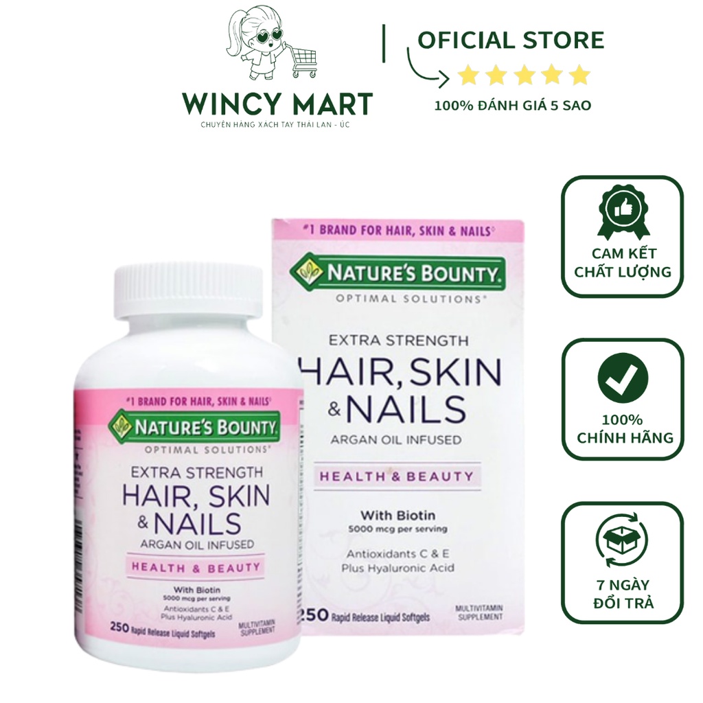 Viên Uống Nature's Bounty Hair, Skin & Nails With Biotin, Antioxidants C & E Plus Hyaluronic Acid 250V - Wincy Mart Shop