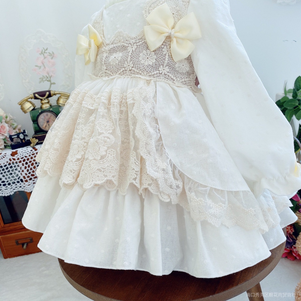 Đầm Công Chúa Lolita Phối Lưới Dễ Thương Màu Be In Hoa Dành Cho Bé Gái Sơ Sinh