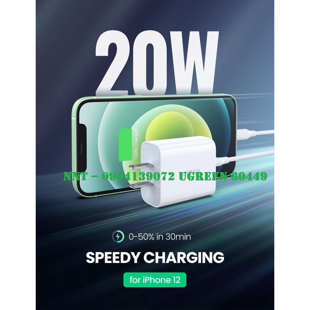 Củ sạc nhanh USB Type-C 18W Ugreen 60449 Hỗ trợ sạc iPhone XS Max Chính hãng cao cấp