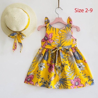 Đầm Lụa Nơ Vai Eo đính Hoa Bé Gái BabyBean (kèm Nón)