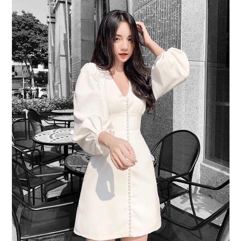 Calla - Đầm cổ tim tay dài đính chuỗi ngọc thiết kế cao cấp (L1214)