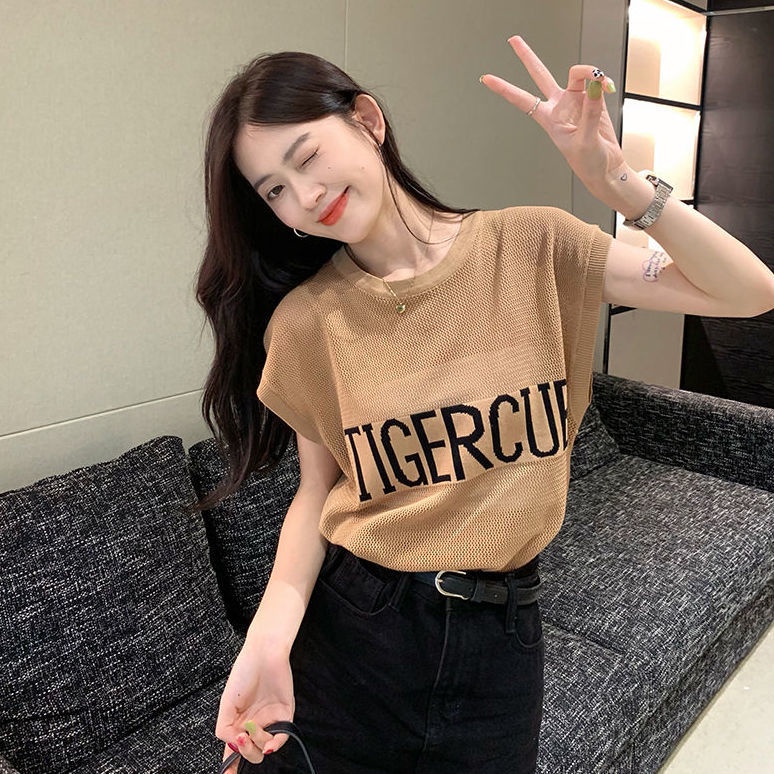 Áo Thun Dệt Kim Sát Nách Vải Lụa Lạnh Mỏng Thêu Chữ Kiểu Retro Mỹ Thời Trang Mùa Hè Cho Nữ