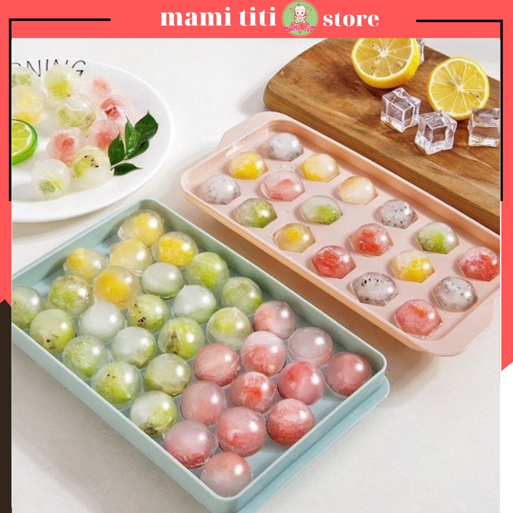 Khay làm đá, khay đá tròn thông minh có nắp đậy hình viên bi 33 viên, Khuôn làm thạch hoa quả hình bi tròn ngộ nghĩnh