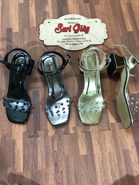 giày sandal quai trong meka tán đinh gót 5p êm chân ( meka hạt)