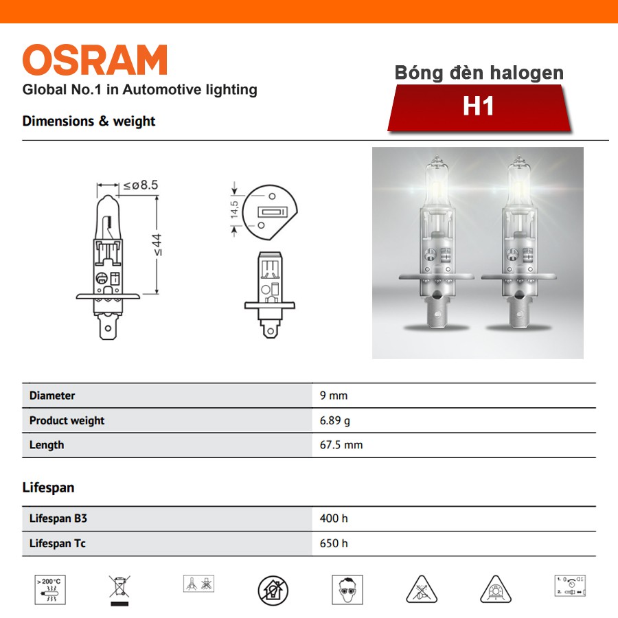 Bóng Đèn Halogen OSRAM Original H1 12V 55W Nhập Khẩu Chính Hãng