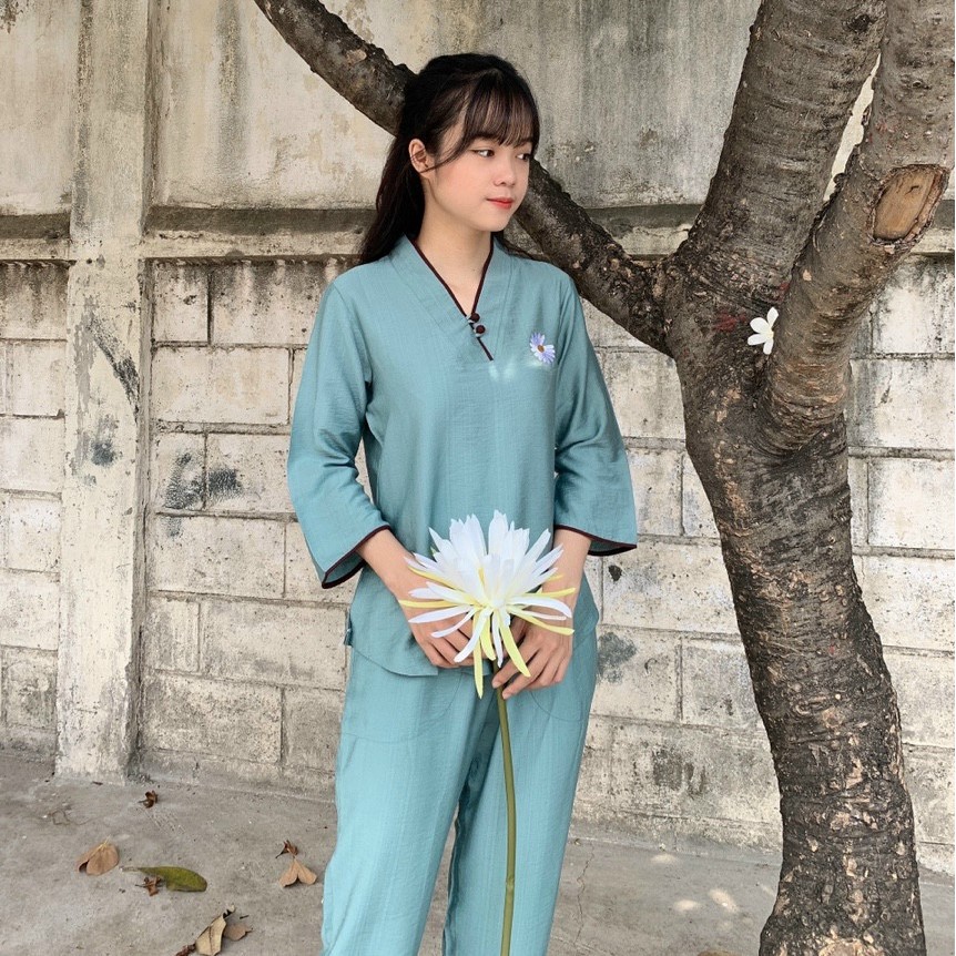 Quần Áo nữ Phật Tử thêu hoa văn, Đồ Lam Phật Đi Chùa Nữ, bộ quần áo mặc nhà vải tơ mẫu A78LB
