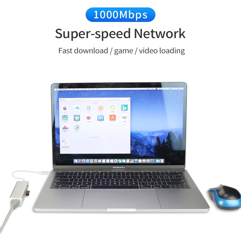 USB-C Ethernet Rj45 Lan Adapter 3 Port USB Type C Hub, 10/100/1000Mbps Gigabit Ethernet USB 3.0 Network Card for MacBook