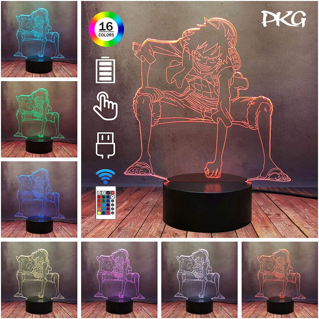 Đèn Ngủ Led 3D Hình Luffy One Piece Anime Quà Tặng Trang Trí cảm ứng có Điều khiển từ xa nháy sáng 16 màu