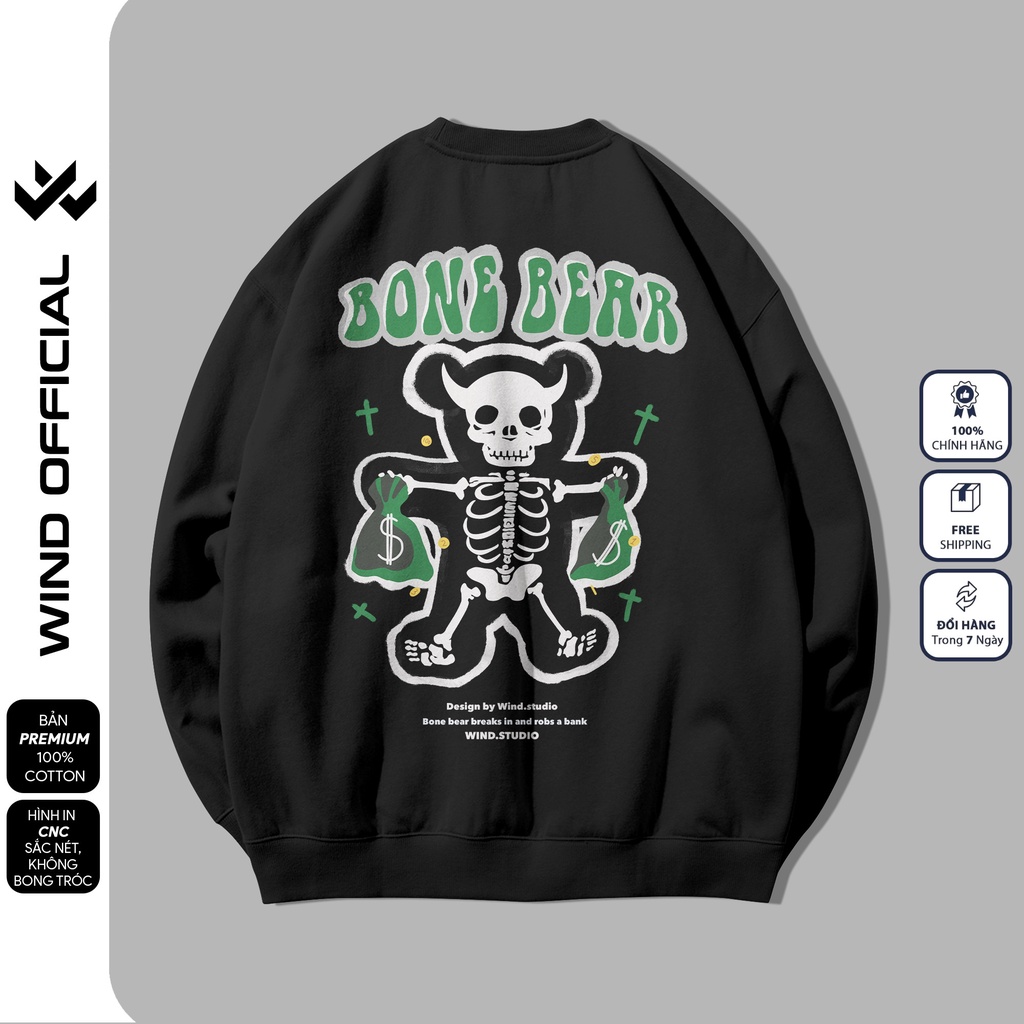 Áo sweater form rộng WIND unisex Bone Bear oversize tay dài thời trang nam nữ ulzzang