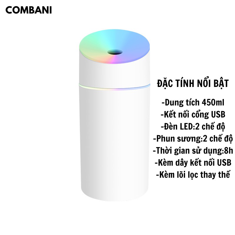 Máy Phun Sương Mini Tạo Ẩm Không Khí Tích Hợp Đèn Led 450ml (Tặng kèm 1 lõi lọc thay thế)