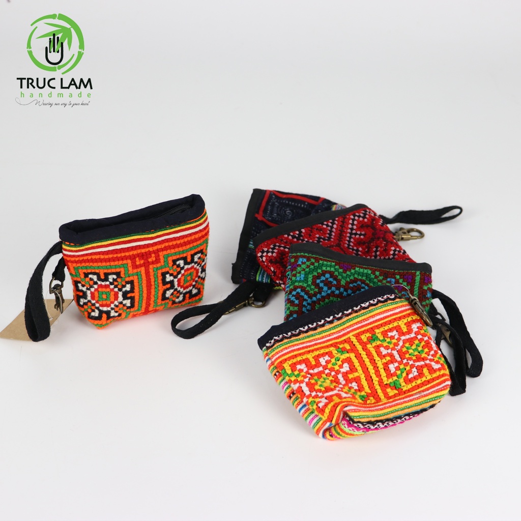 Ví Xu Mini Cầm Tay Móc Chìa Khóa Vải Thổ Cẩm Thêu Tay Trúc Lâm Handmade