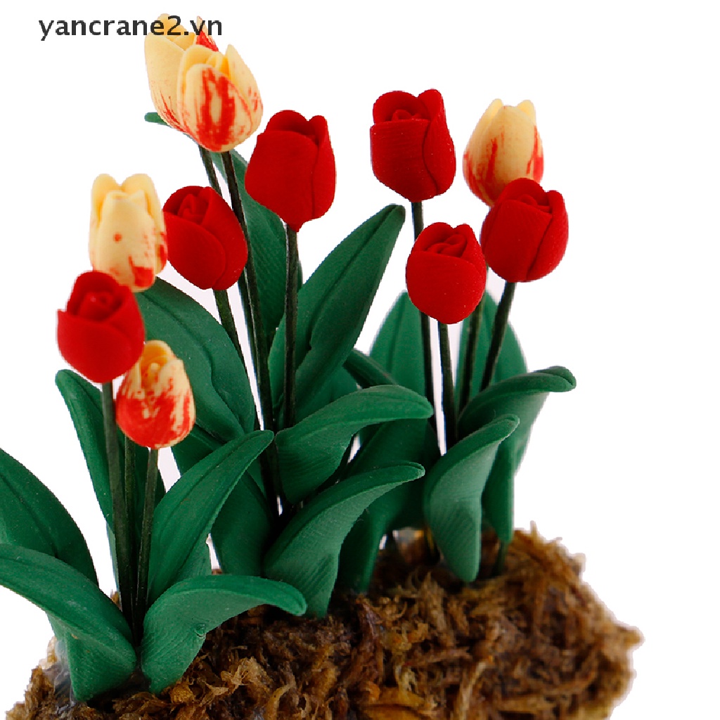 1 Đồ trang trí Chậu Hoa Tulip Màu Xanh Lá Tỷ Lệ 1: 12 Dùng Trang Trí Tiểu Cảnh / Nhà Búp Bê