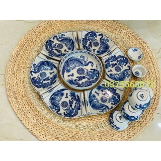 Set bộ bát đĩa mâm thắp hương dòng men rạn giả cổ vẽ chàm xanh