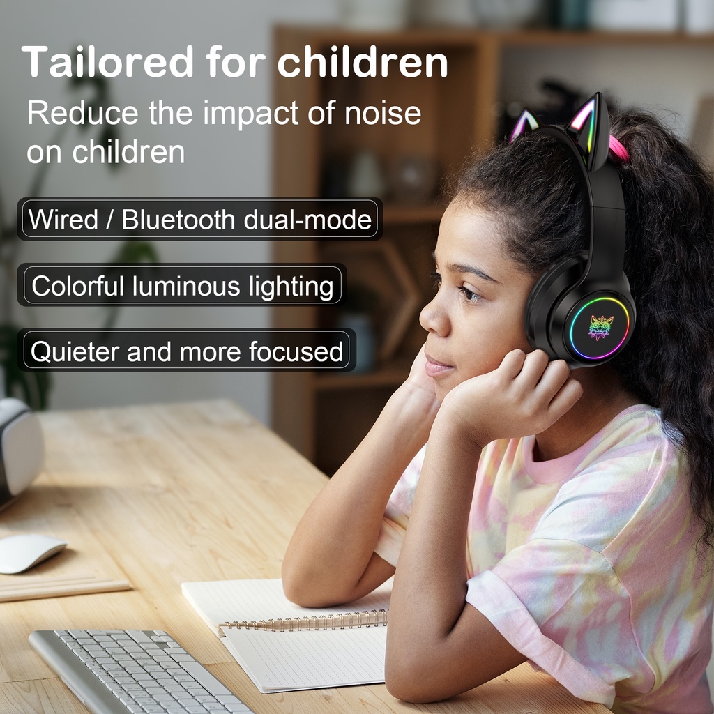 Tai nghe chơi game không dây Bluetooth tai mèo ONIKUMA B20 Đen với micrô có thể thu vào đèn RGB