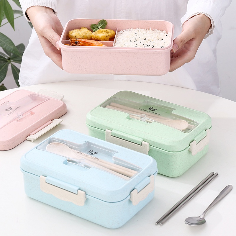 Hộp cơm 3 tầng lúa mạch giữ nhiệt hình chữ nhật dùng được trong lò vi sóng