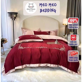 Bộ 4 Món Chăn Ga Gối Phi Lụa Hoàng Gia Meo Meo Bedding Nhập Khẩu -  Cotton Poly Kẻ Sọc - Không Có Ruột