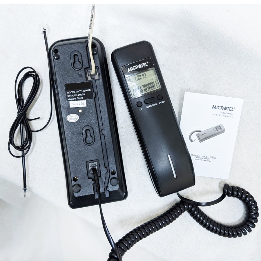 Điện thoại cố định có dây bàn phím trên tay cầm, 2 màn hình hiện số gọi tới, treo tường, cho hotel, cty, gia đình.