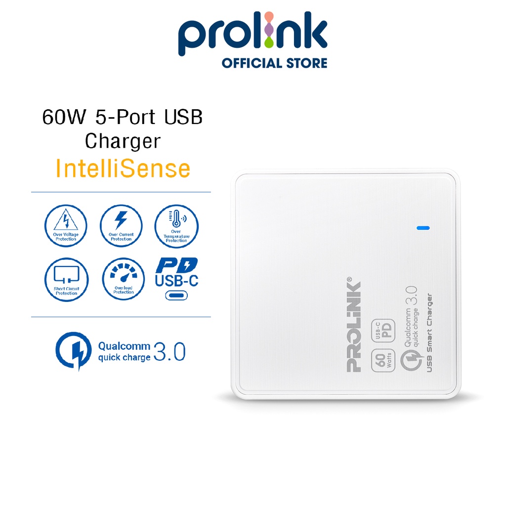 Củ sạc nhanh 60W PROLiNK PDC56001 có 5 cổng (1 USB-C & 4 USB-A) dành cho Macbook, iPhone, iPad, Samsung, Xiaomi