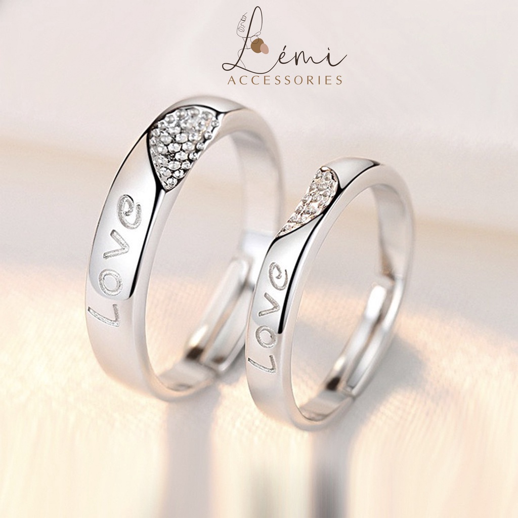 Nhẫn đôi mạ bạc s925 khắc lazer chữ love bền màu có thể điều chỉnh size theo kích thước ngón tay Lemi accessories