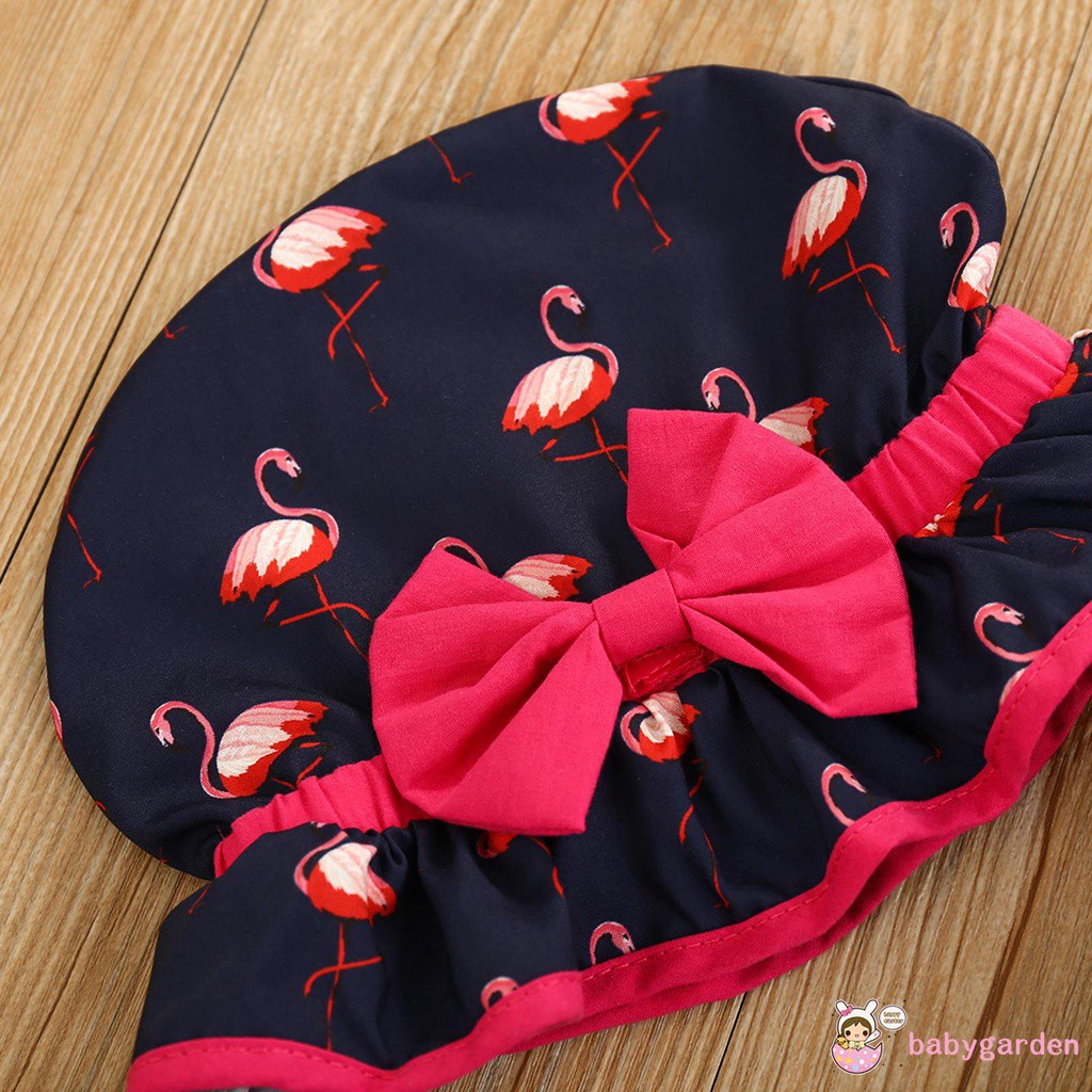 Bộ Đồ Bơi 3 Mảnh Hai Dây In Họa Tiết Chim Hồng Hạc Kèm Mũ Dành Cho Bé Gái