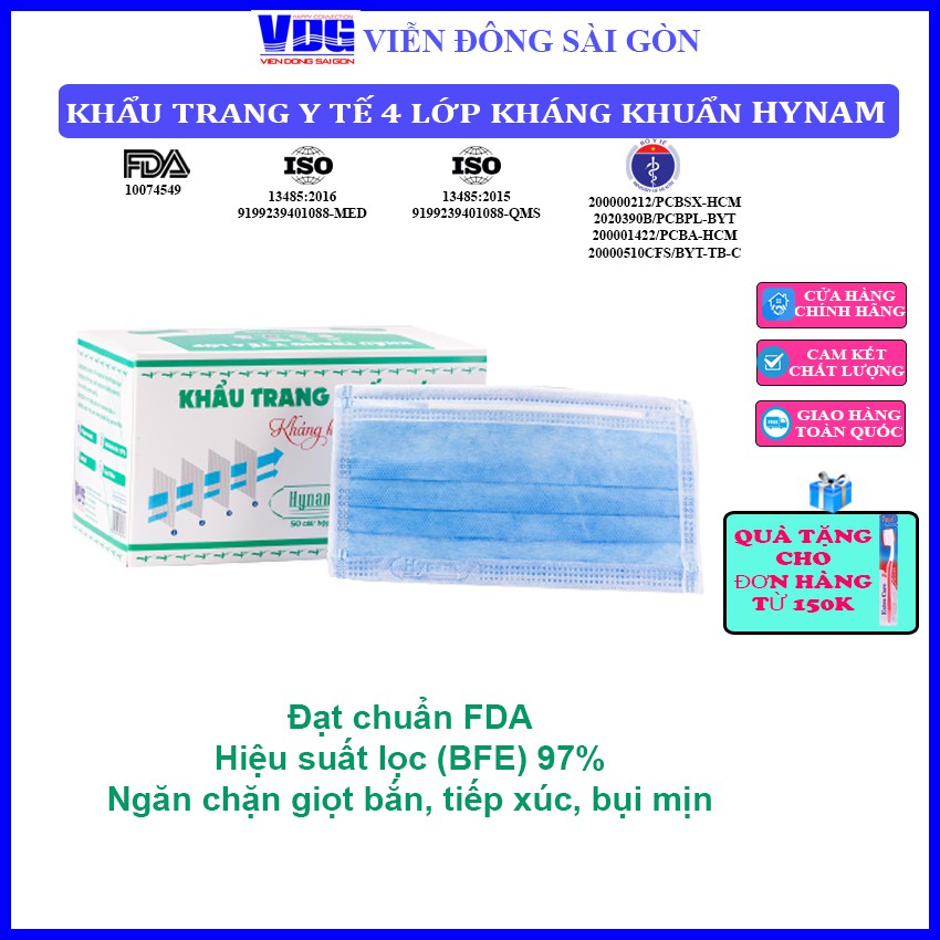 Khẩu trang y tế 4 lớp Hynam - Giấy lọc kháng khuẩn - Hiệu suất lọc BFE 97% - (50 cái/ hộp)