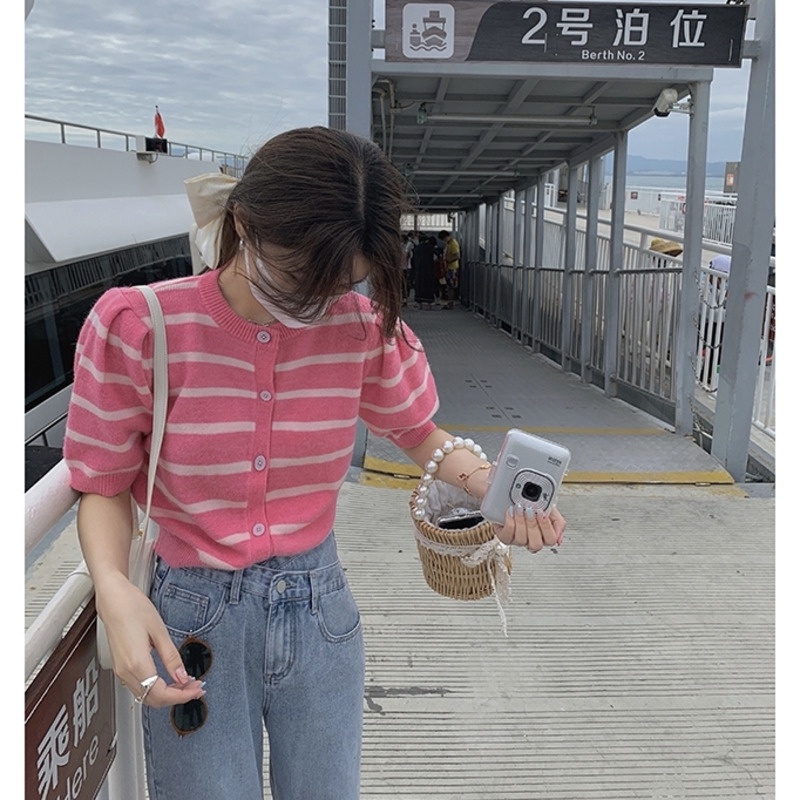 Áo cardigan PURE CUBE dệt kim tay ngắn họa tiết kẻ sọc màu sắc tương phản thời trang xuân hè cho nữ