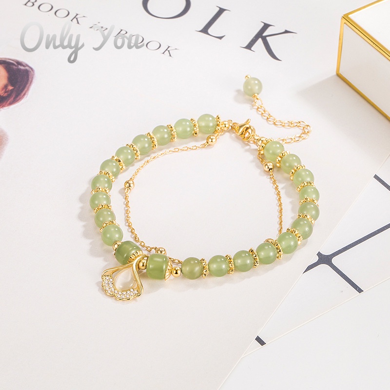 Vòng Tay Hai Lớp Mạ Vàng 18K Đính Đá Ngọc Bích Phong Cách Retro Sang Trọng