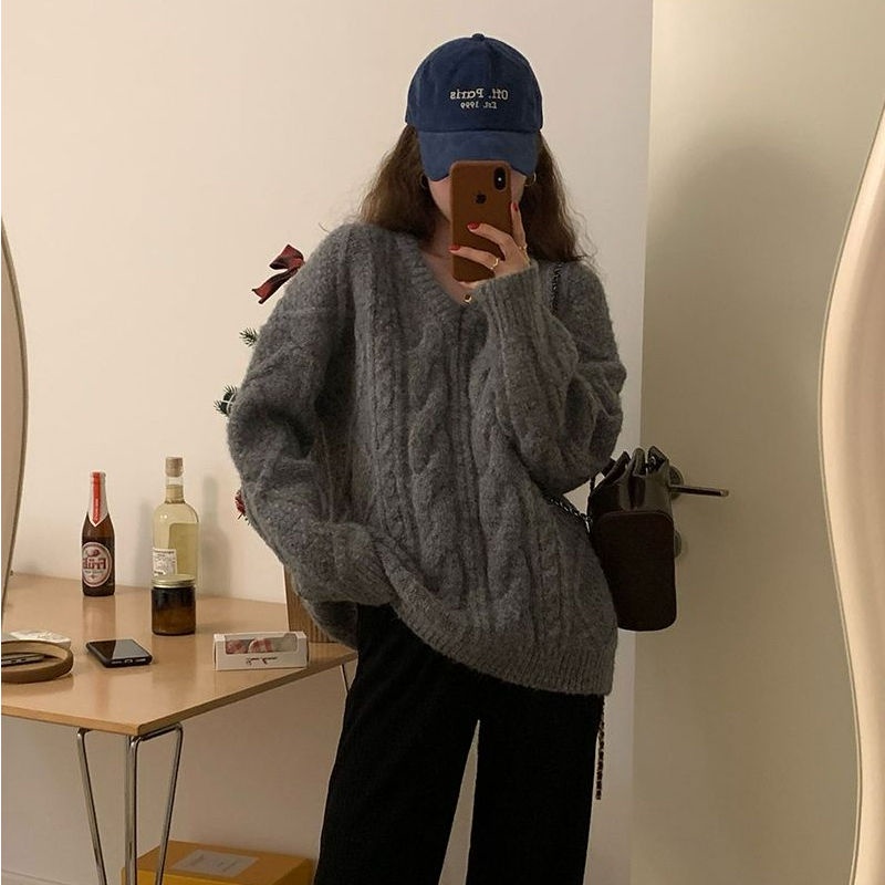 Áo Sweater Dệt Kim Cổ Chữ V Dáng Rộng Mềm Mại Thời Trang Cho Nữ