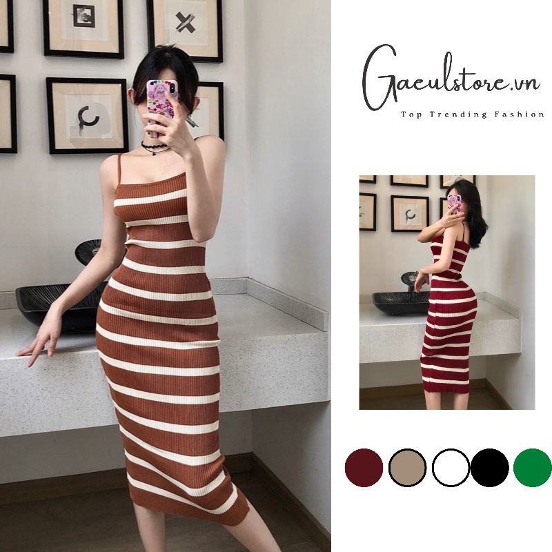 Gaeul store-Váy len 2 dây body kẻ ngang dáng dài qua gối hàng Quảng Châu