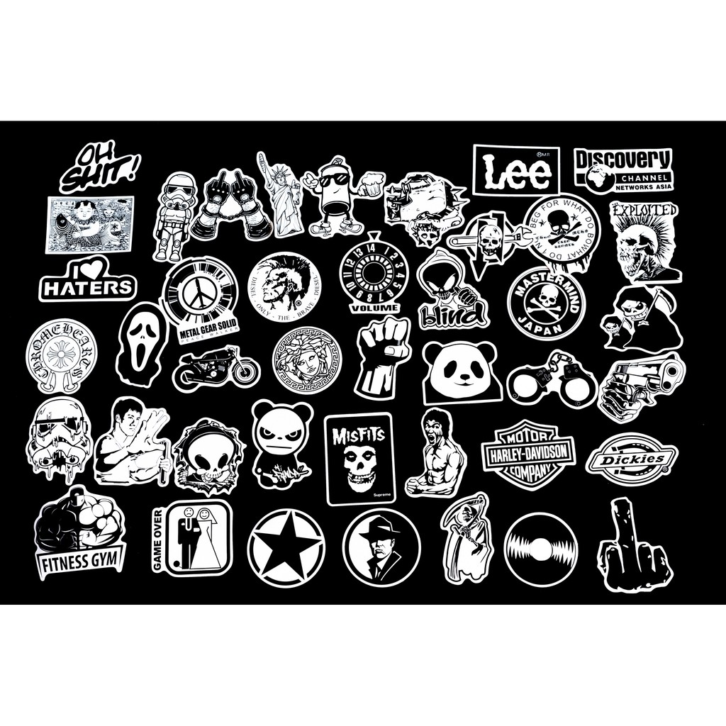 Bộ 10 20 50 sticker trắng đen black white stickers cao cấp trang trí Vali Laptop Mũ Bảo Hiểm Xe Máy Xe Đạp Đàn