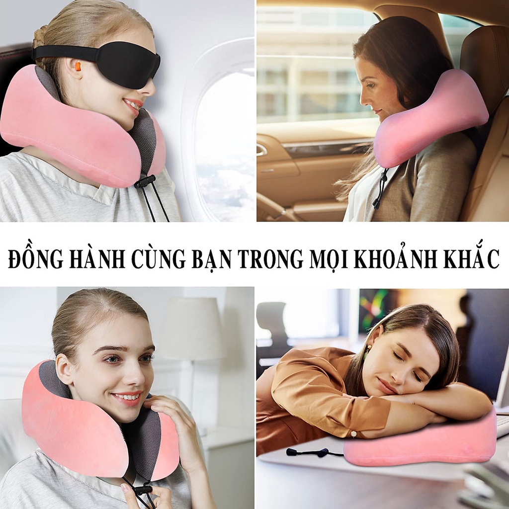 [Màu Hồng] Gối Ngủ Văn Phòng Du Lịch Chữ U Tặng Kèm Bịt Mắt, Bịt Tai Chống Mỏi Chất Liệu Memory Foam - Hãng dododios