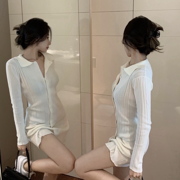 Đầm dệt kim ZHELIHANGFEI tay dài cổ polo quyến rũ thời trang cho nữ