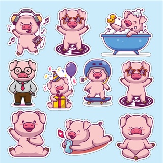 Bộ 10 sticker ủi tem ủi hình con lợn pigs hồng mạnh mẽ