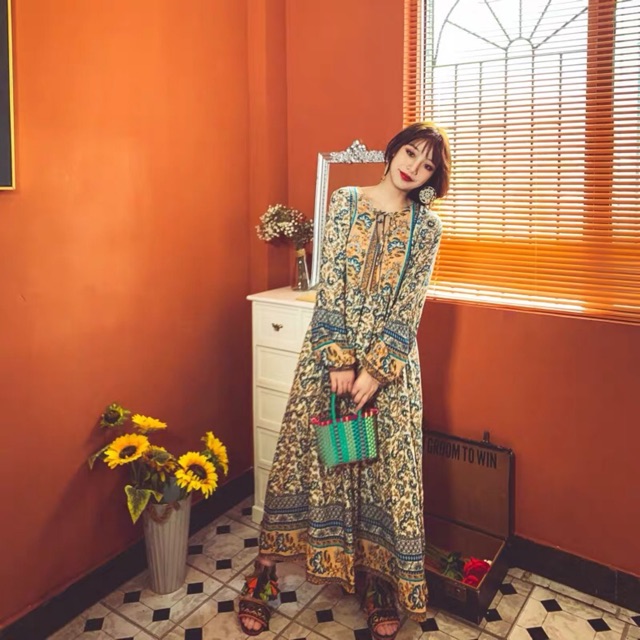 Váy đầm maxi boho thổ cẩm tay phồng dáng dài xoè tầng cổ V thắt dây eo vintage du lịch diện hè