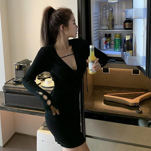 Sản Phẩm mới mùa thu!Đầm Dệt Kim Đen Tay Dài Cổ Chữ v Thời Trang Thu Đông 2020 Dành Cho Nữ
