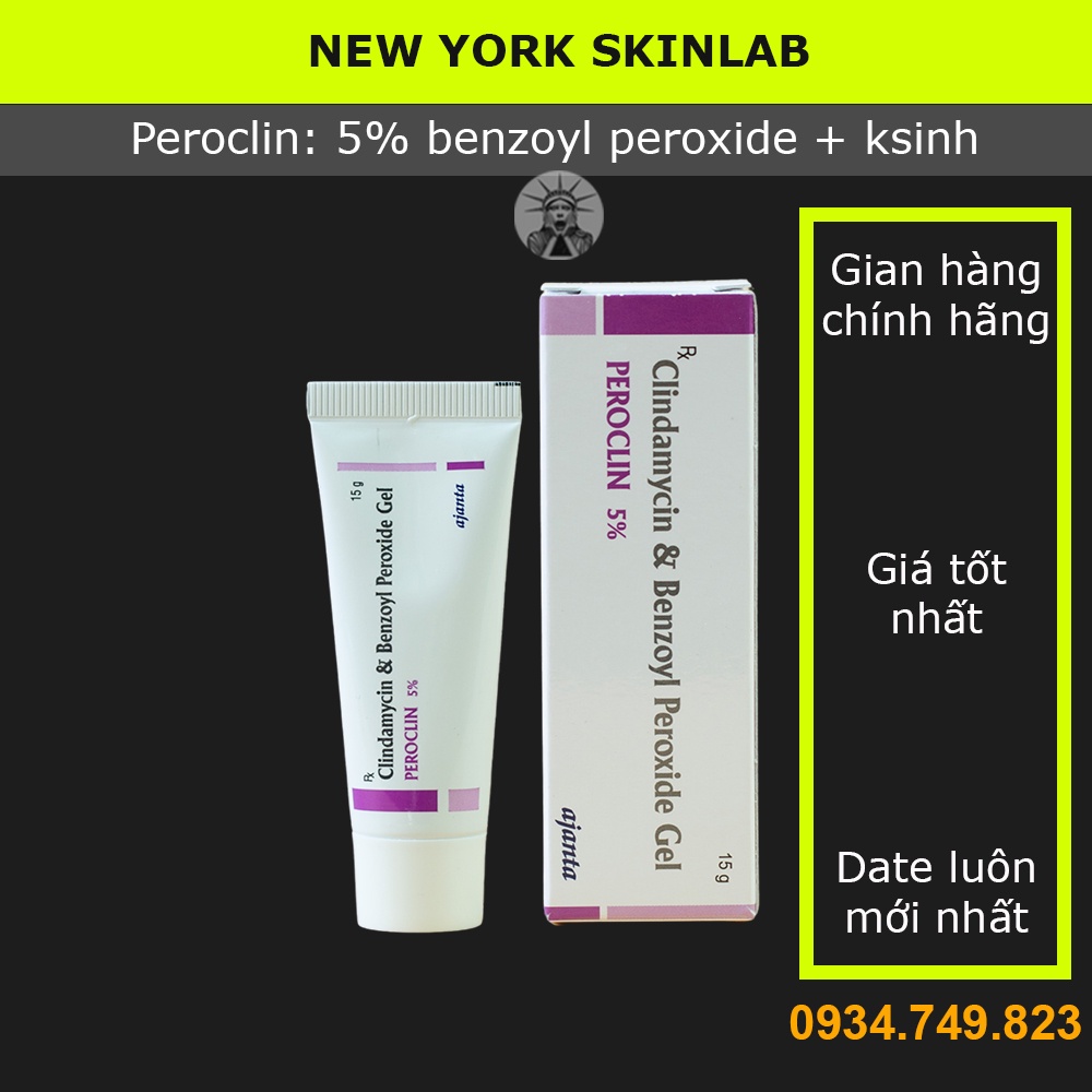 Chấm mụn Peroclin gel (15g) 5% benzoyl peroxide + clin.da.my.ci, giảm mụn, hết mụn sưng viêm nhanh