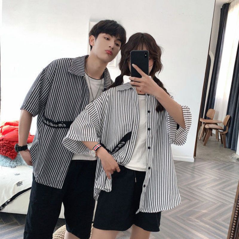 [Order] Áo sơ mi nam nữ mặc đôi kẻ sọc dáng rộng vạt chéo thời trang ulzzang