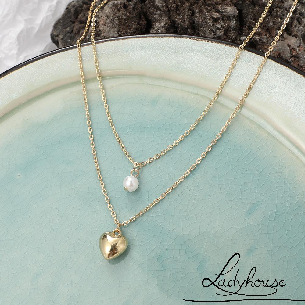 Vòng cổ hai lớp đính ngọc trai nhân tạo hình trái tim thời trang dành cho nữ