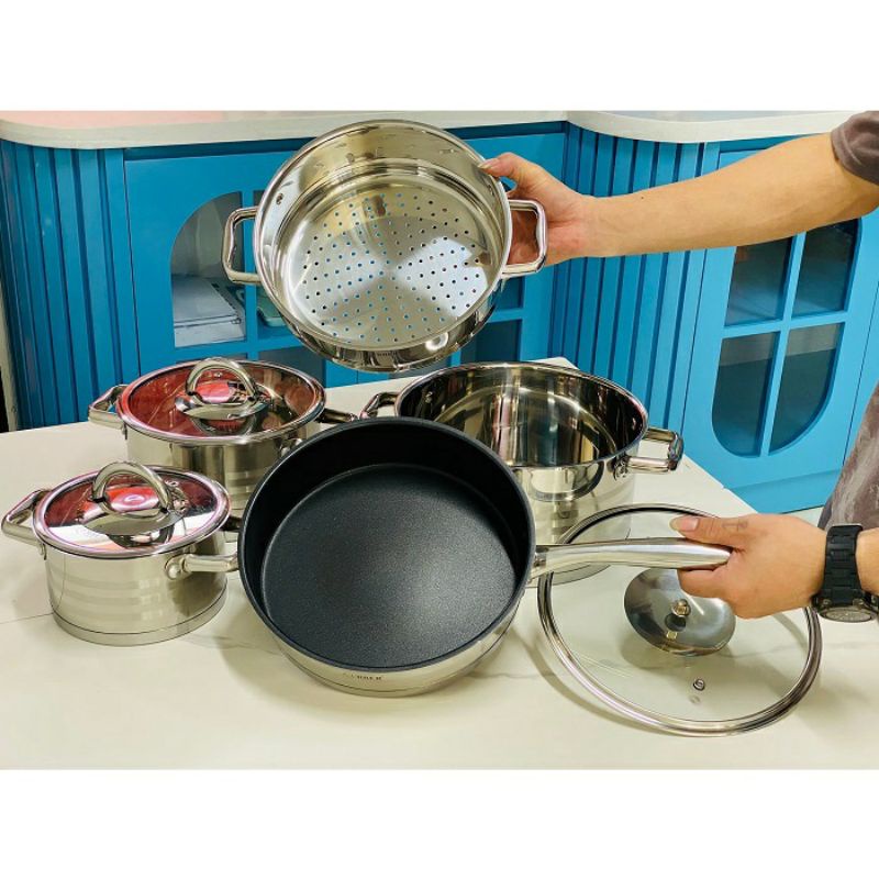 BỘ NỒI KÈM XỬNG HẤP CAO CẤP ARBER 5 MÓN PALADI AN-05IVH kèm ảnh thật và video