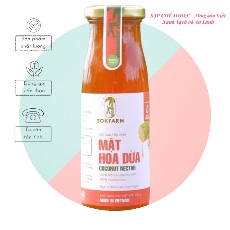 Mật hoa dừa Sokfarm Trà Vinh - Chai 250gr - Sản phẩm thuần chay, có chỉ số đường huyết thấp, tăng sức đề kháng