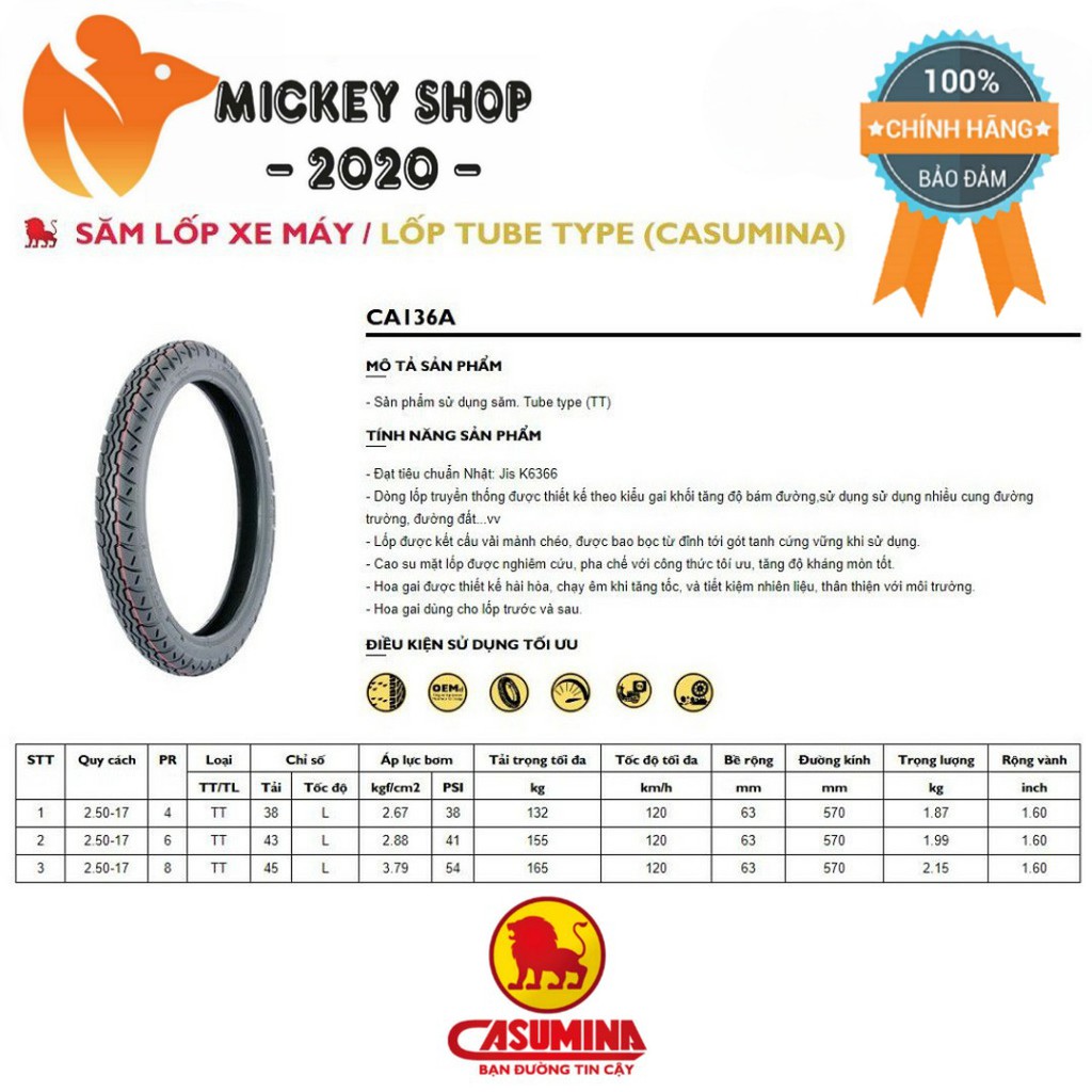 [ CHUẨN NHẬT BẢN ] Vỏ Lốp Trước Casumina Cho Xe Máy 2.25 - 17 (70/90 - 17) Hoặc Sau 2.50 - 17 (80/90 - 17) - CHÍNH