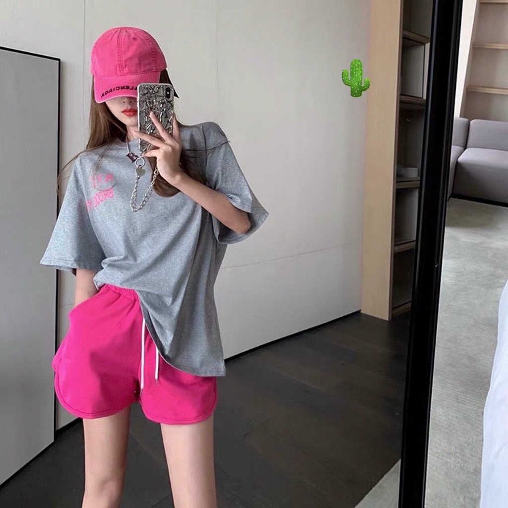 set đồ bộ áo thun form rộng xám hồng in chữ cực hot chất cotton mềm p