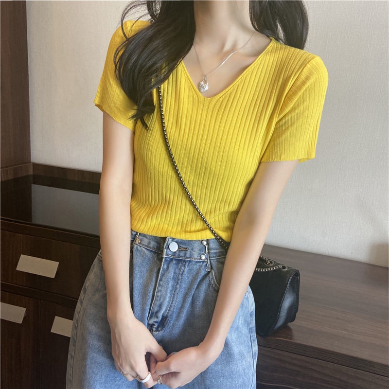Fashion V-Neck Ice Silk Knitwear Versatile Slim Fit T-Shirt Ladies Tops