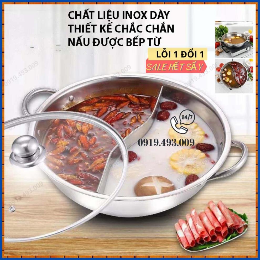 Nồi lẩu 2 ngăn size 30cm nấu được bếp từ chất liệu inox 304 kèm nắp kính dày dặn, dùng cho gia đình 4-6 người