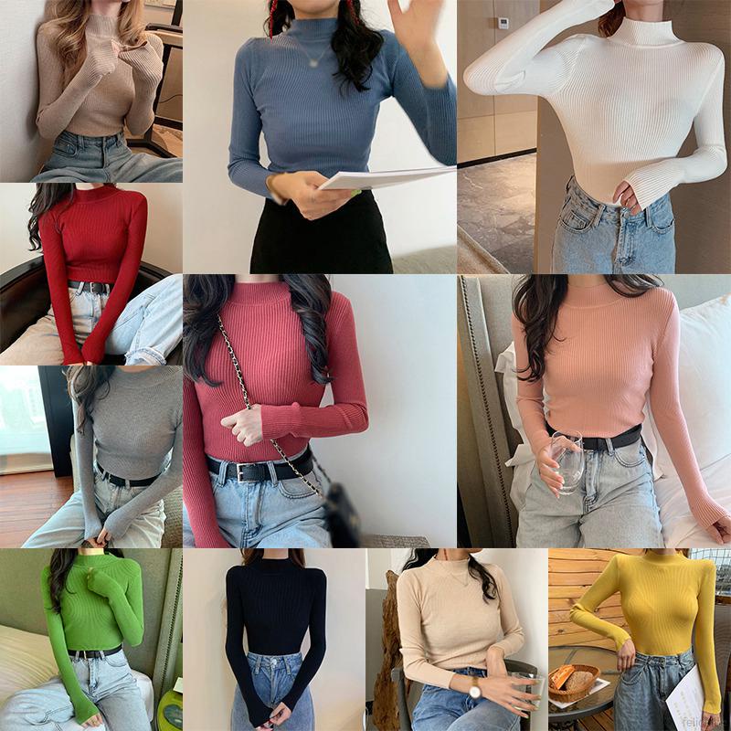 Áo Sweater Dệt Kim Cổ Lọ Tay Dài Màu Trơn Thiết Kế Thanh Lịch