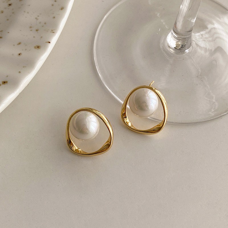 Khuyên tai chốt xỏ bạc S925 dạng vòng oval tròn đính ngọc trai nhân tạo nhẹ sang trọng