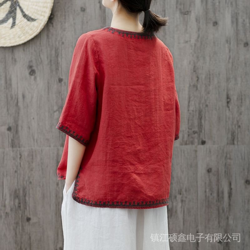 Áo Thun Cotton Lanh Tay Ngắn Cổ Tròn Màu Trơn Thêu Họa Tiết Phong Cách Cổ Điển Thời Trang Mùa Hè Mới Cho Nữ